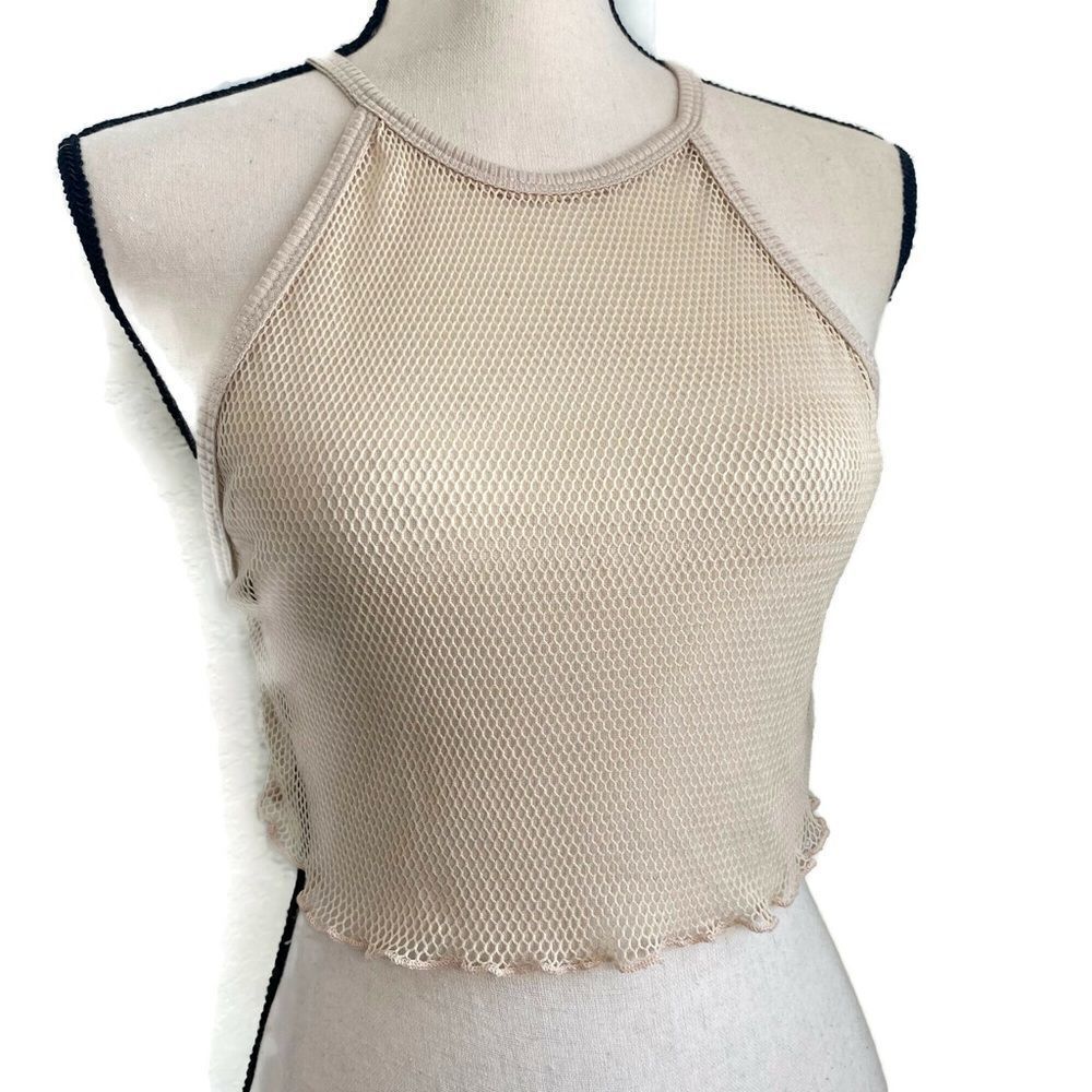 Beige Mesh High Neck Crop Top Sz S
